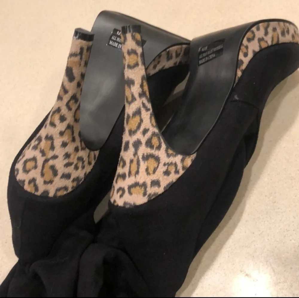 Faux Suede Pull On Thigh High Boots Stiletto Platform Leopard Print Heels